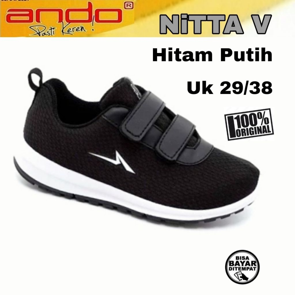ANDO Sepatu Anak Sekolah Cewek Cowok Kecil Tanggung Hitam Putih Tali Kretekan 29 - 38