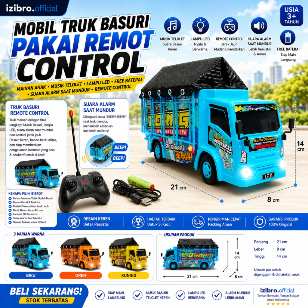Izibro - Mainan Anak Truk Basuri Remote Control Musik Telolet Lampu Mobil Truck Oleng Edukasi