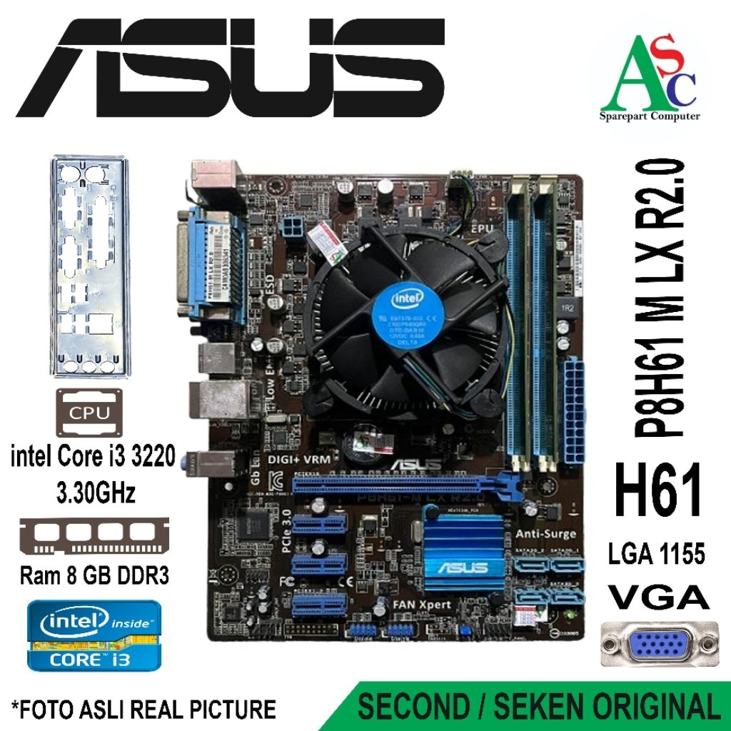 Paket Motherboard Asus Core i3 Gen 3 Ram 8 GB Fan Intel Backpanel