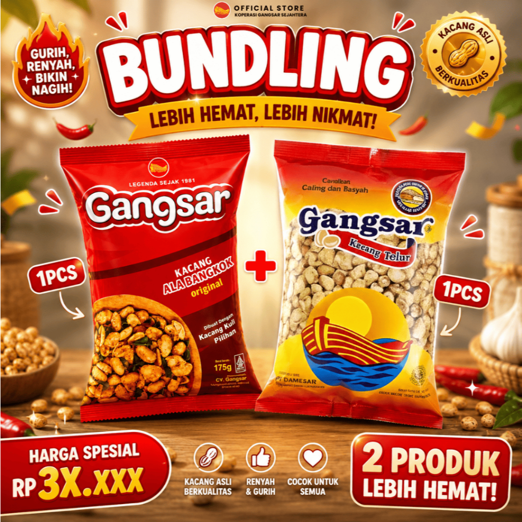 Bundling Gangsar Kacang Ala Bangkok 175gr + Kacang Telur 225gr | Snack Gurih Renyah Harga Hemat | La