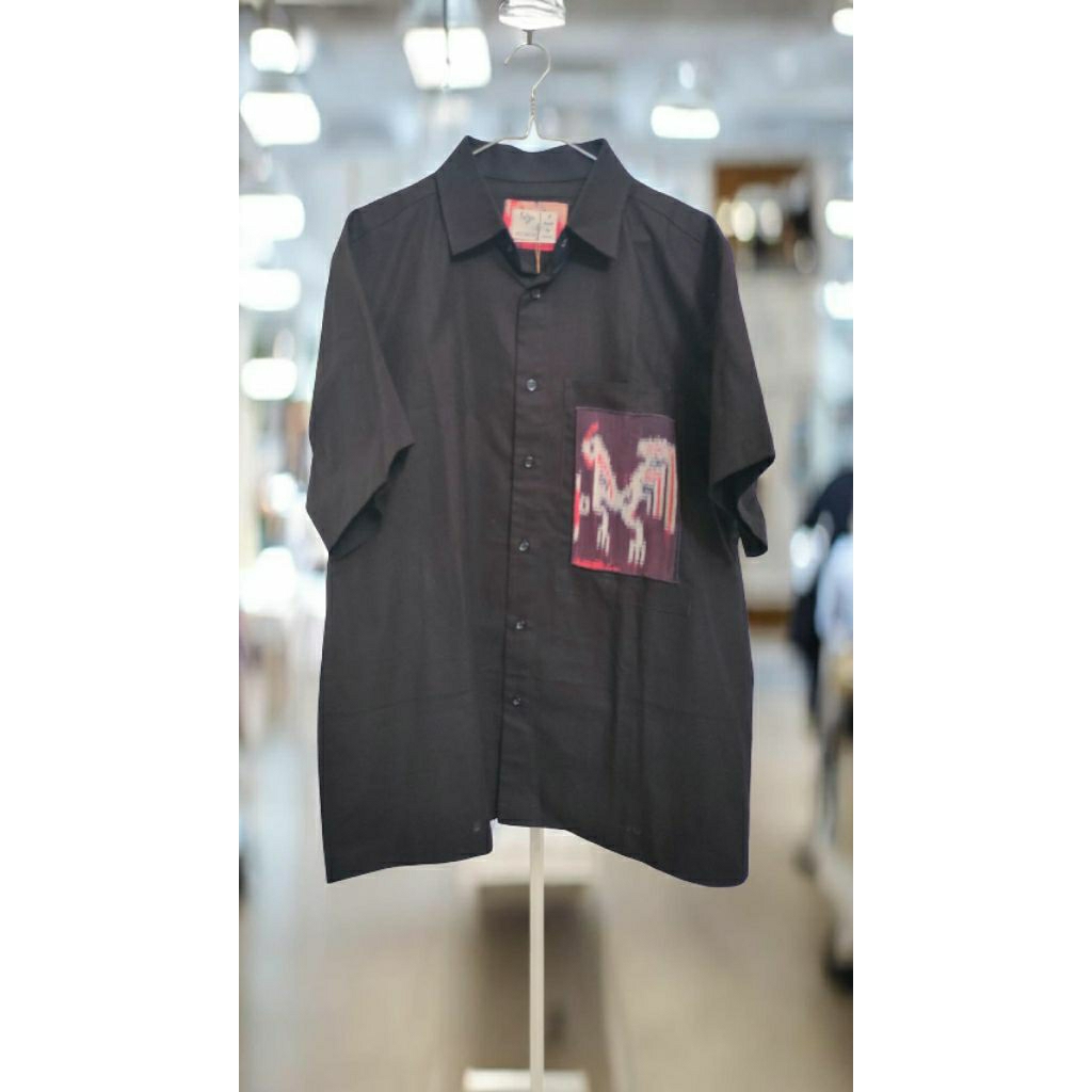 Kemeja Pria / Wanita / Unisex Katun Linen Lengan Pendek Kombinasi Tenun Sumba NTT