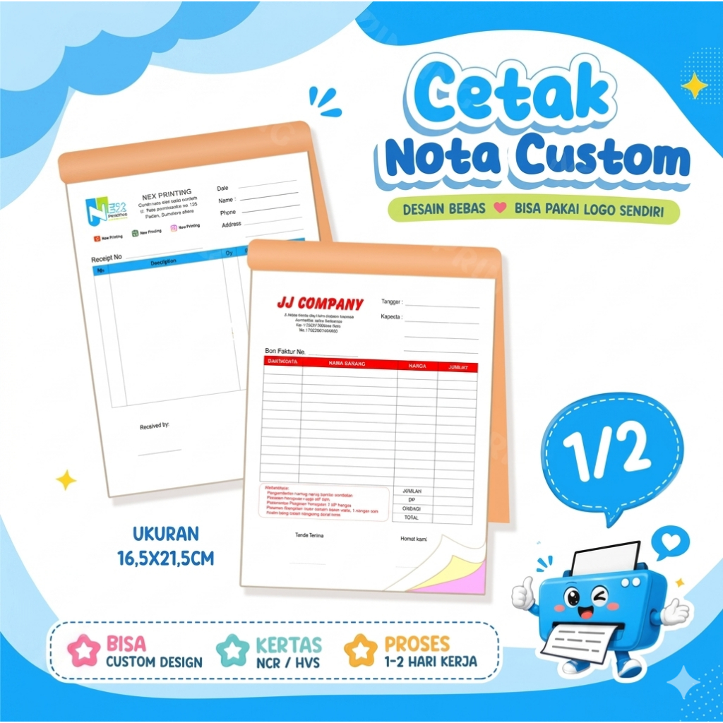 1/2 Cetak Nota Custom Ukuran 1/2 Folio Bon Faktur Toko Online Ofline Emas Restoran Laundry rangkap
