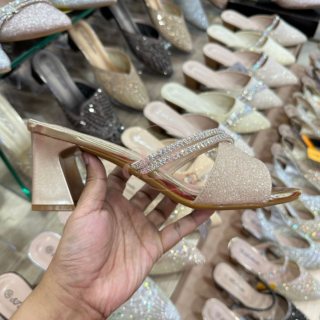 St. Moritz sepatu sandal pesta wisuda mantenan pernikahan wanita shoes bling hak kotak 7cm kakhi