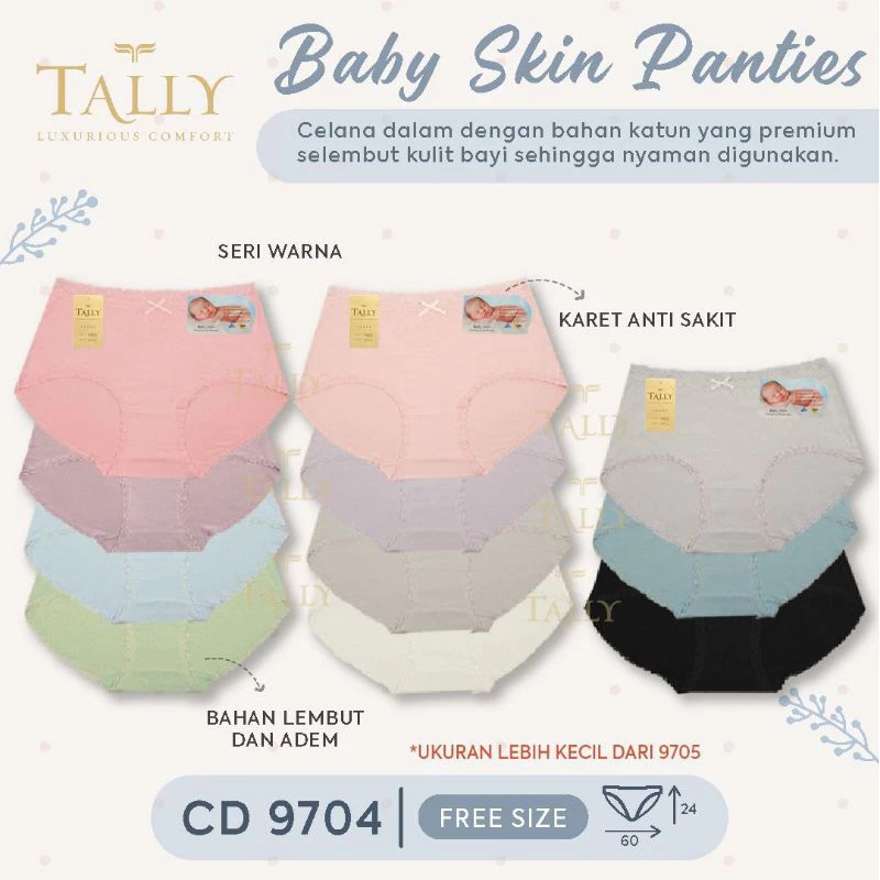 Tally Celana Dalam Katun Premium | Baby Skin | Renda Halus | Free Size Fit to XL - CD 9704