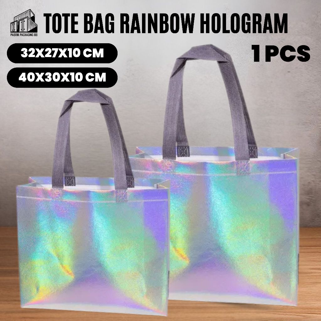 Tas Hampers Rainbow Spunbond Reusable Untuk Souvenir Gift Bag Hologram Waterproof