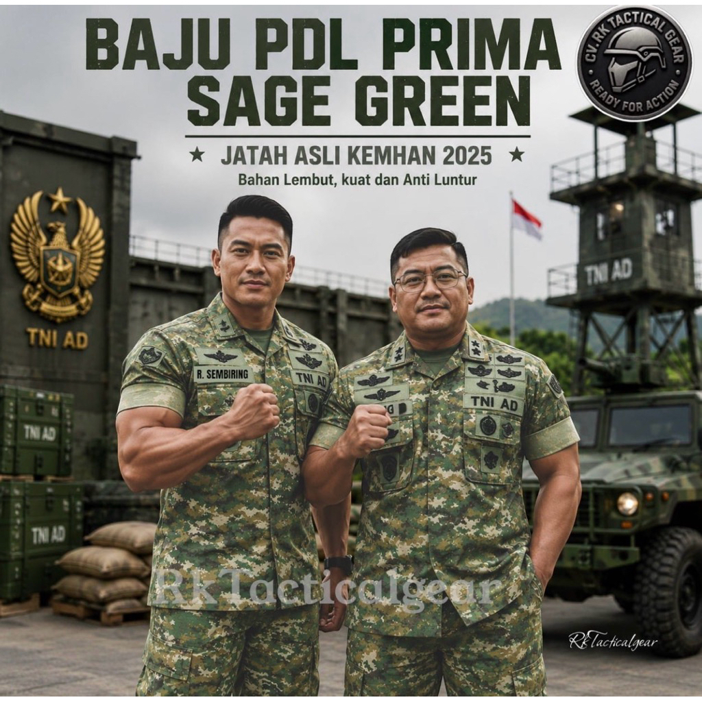 BAJU PDL LORENG PRIMA/ SAGE GREEN JATAN KEMHAN/ TNI PERWIRA. MERK PT. GAJAH, PT. PANCA PRIMA & PT.SM