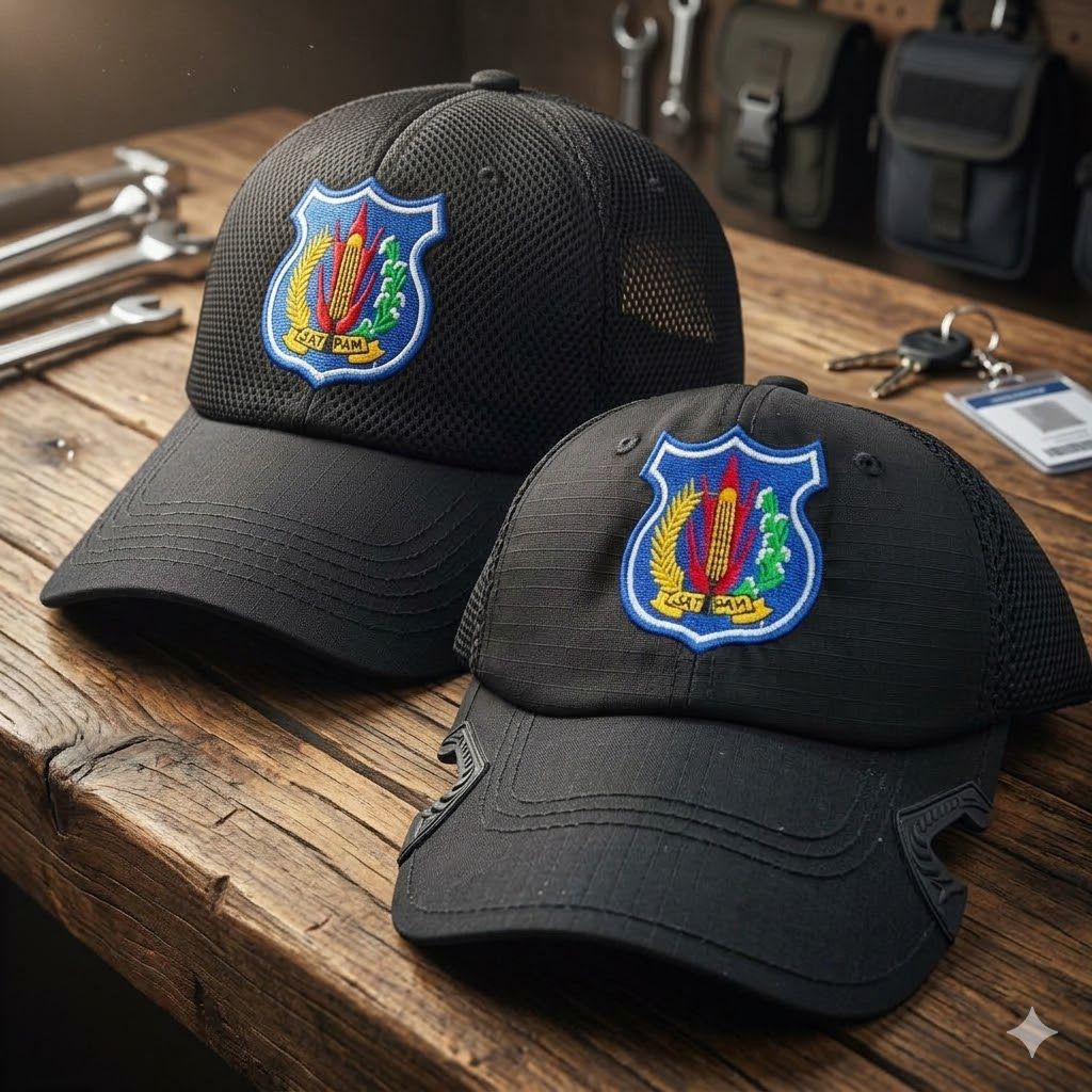 TOPI HITAM TACTICAL SATPAM LOGO BIRU