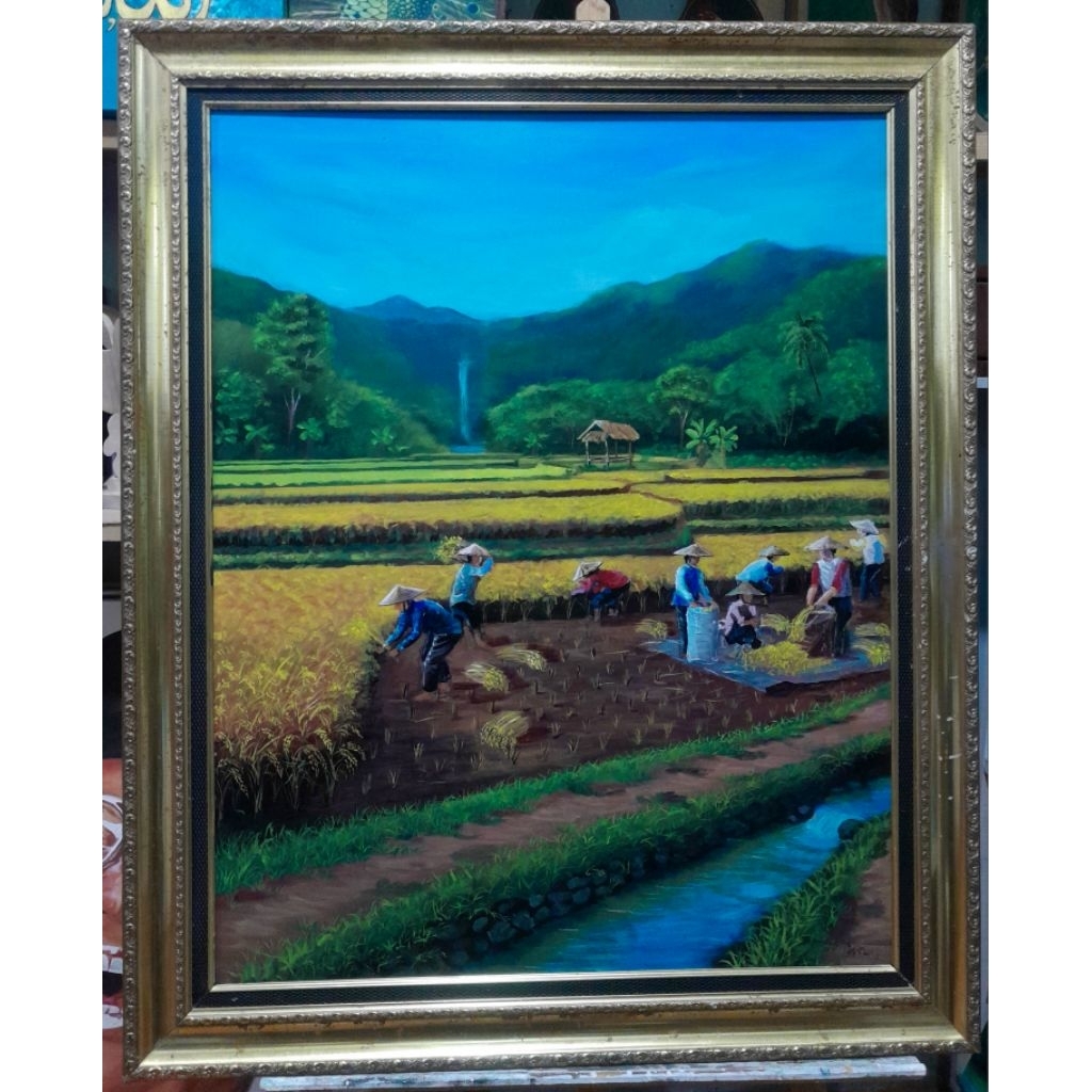 Lukisan Panen, Lukisan pemandangan sawah, Lukisan Alam, Lukisan Asli Tangan, Lukisan Interior