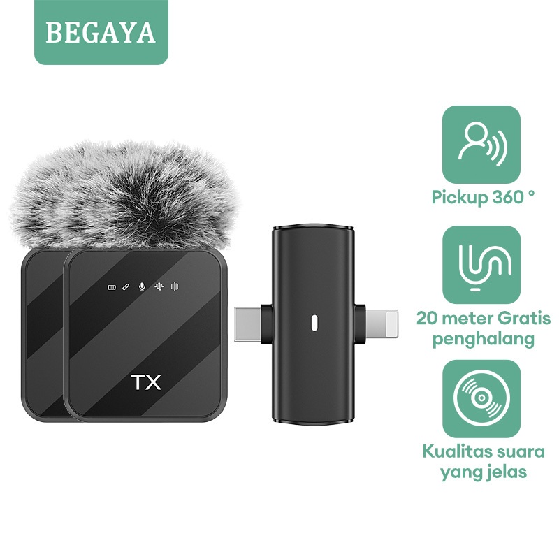 BEGAYA Mic Magnetic Wireless Clip On Microphone Dual Mikrofon HP Lavalier Plug Live Streaming Vlog