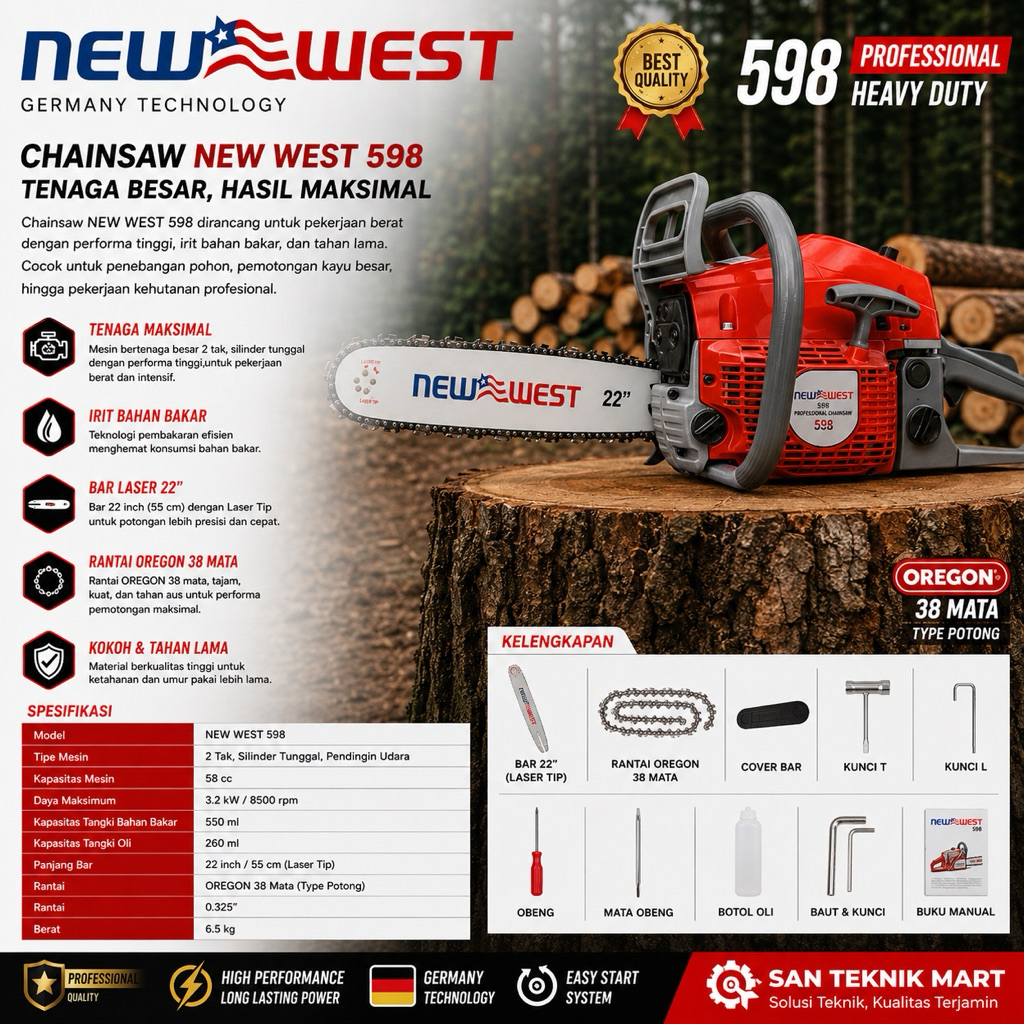 Mesin Gergaji Kayu New West Original 598 + Bar 22