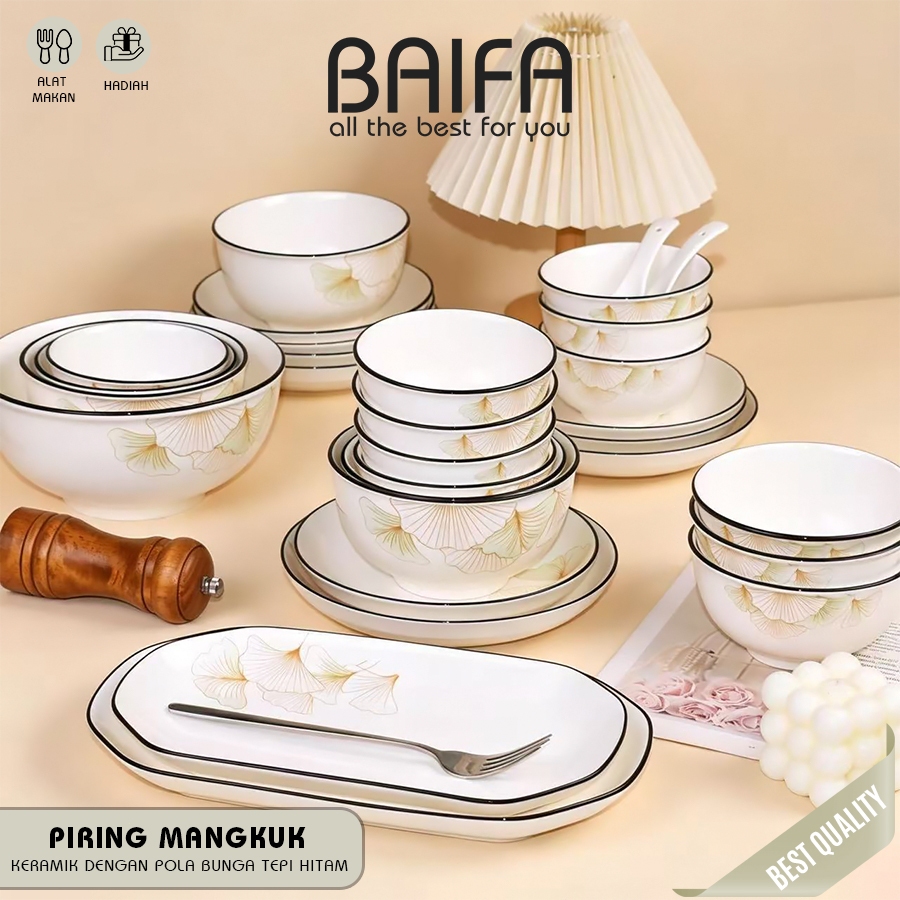 BAIFA - Set Plate Bowl Luxury Ceramic Dinner Set Motif Ginkgo / Piring & Mangkok Premium LIst Hitam