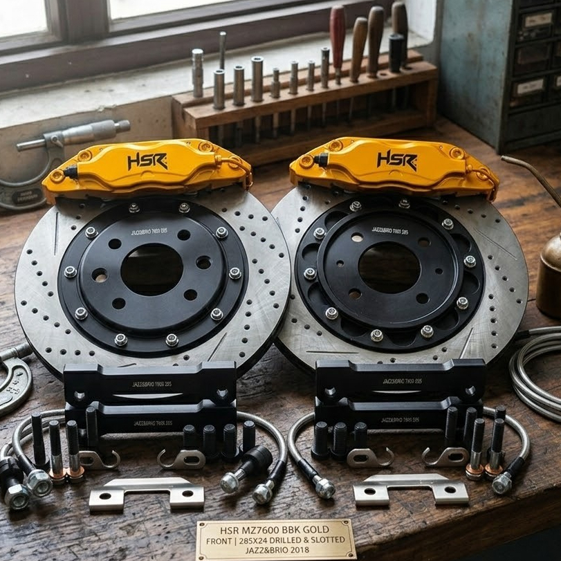 BBK GOLD HSR 4 PISTON MZ7600 FRONT 285X24 DRILLED JAZZ&BRIO 2018 TERBARU BREMBO HSR