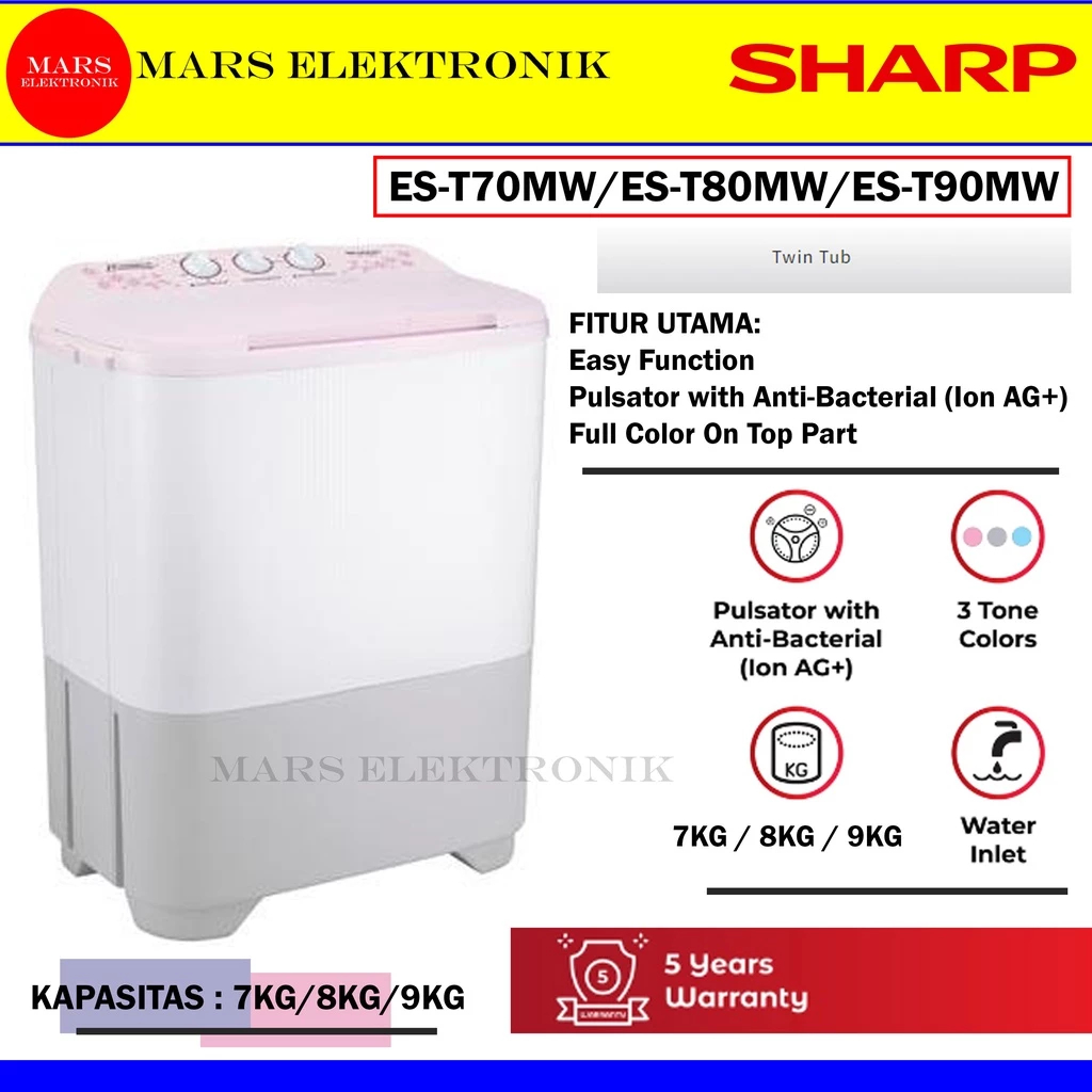 SHARP MESIN CUCI 2 TABUNG - ES-T70MW / ES-T80MW / EST-90MW - 7KG - 8KG - 9KG - ES T 70 MW - ES T 80 