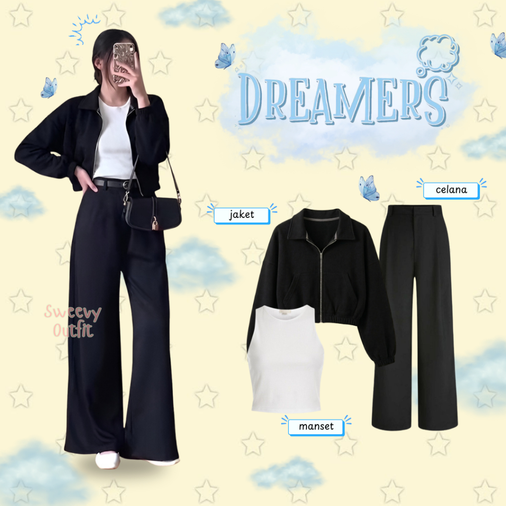 One Set OOTD Cewe Tomboy Kekinian | Jacket Crop - Celana Kulot - Manset | Setelan Baju Remaja Skena 