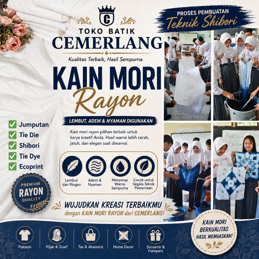 Bahan Kain Mori Rayon Santung Shantung Katun Cotton Polos Batik Jumputan Tie dye Shibori Ecoprint