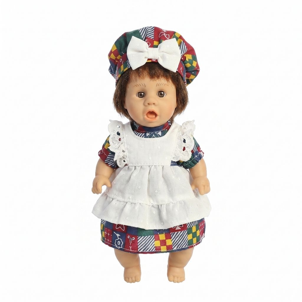 Vintage Gigo Expression Baby Doll 20cm Patchwork Print Dress with Eyelet Pinafore Boneka Gigo