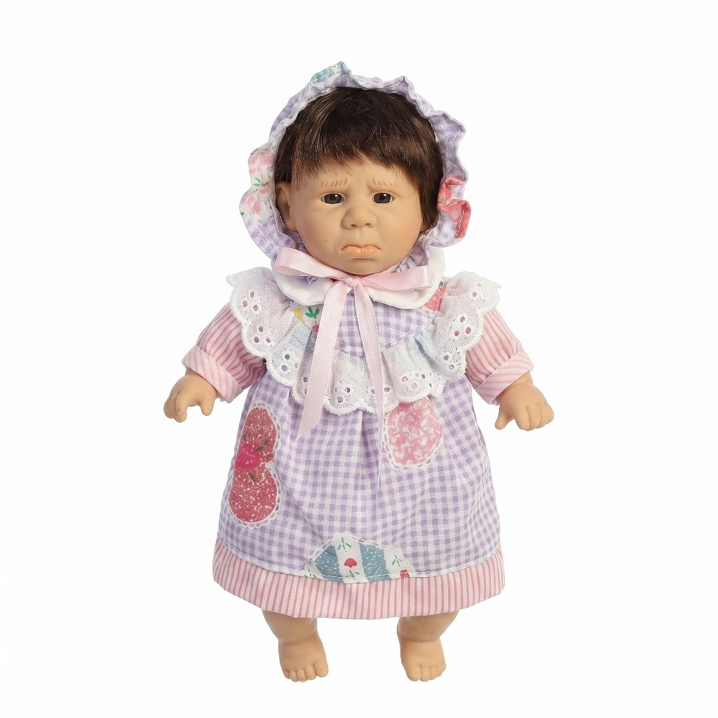 Vintage Gigo Expression Baby Doll 19cm Purple Gingham & Pink Stripe Dress Boneka Gigo