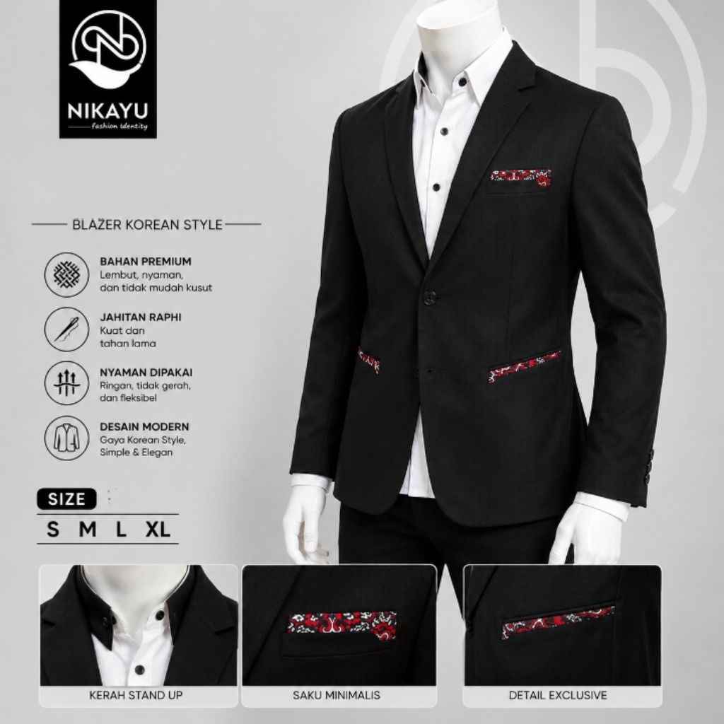 Jas Blazer Pria SlimFit Formal BLACK BATIK [Bonus Cover-NIKAYU Premium] Resmi Casual Pernikahan Wisu