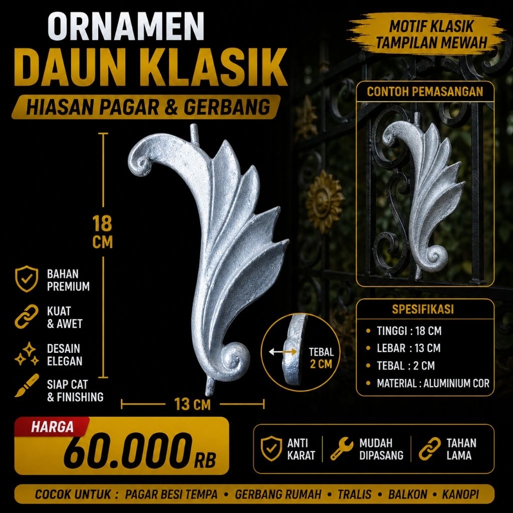 Ornamen Daun Klasik Aluminium Cor Hiasan Pagar Gerbang Minimalis Besi Tempa Anti Karat