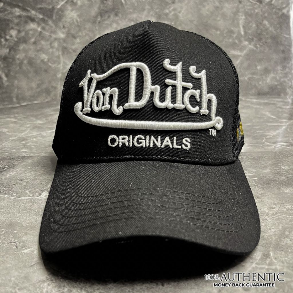 Topi Trucker Von Dutch Hitam Putih Bordir Logo Desain Retro Unisex VTP-02