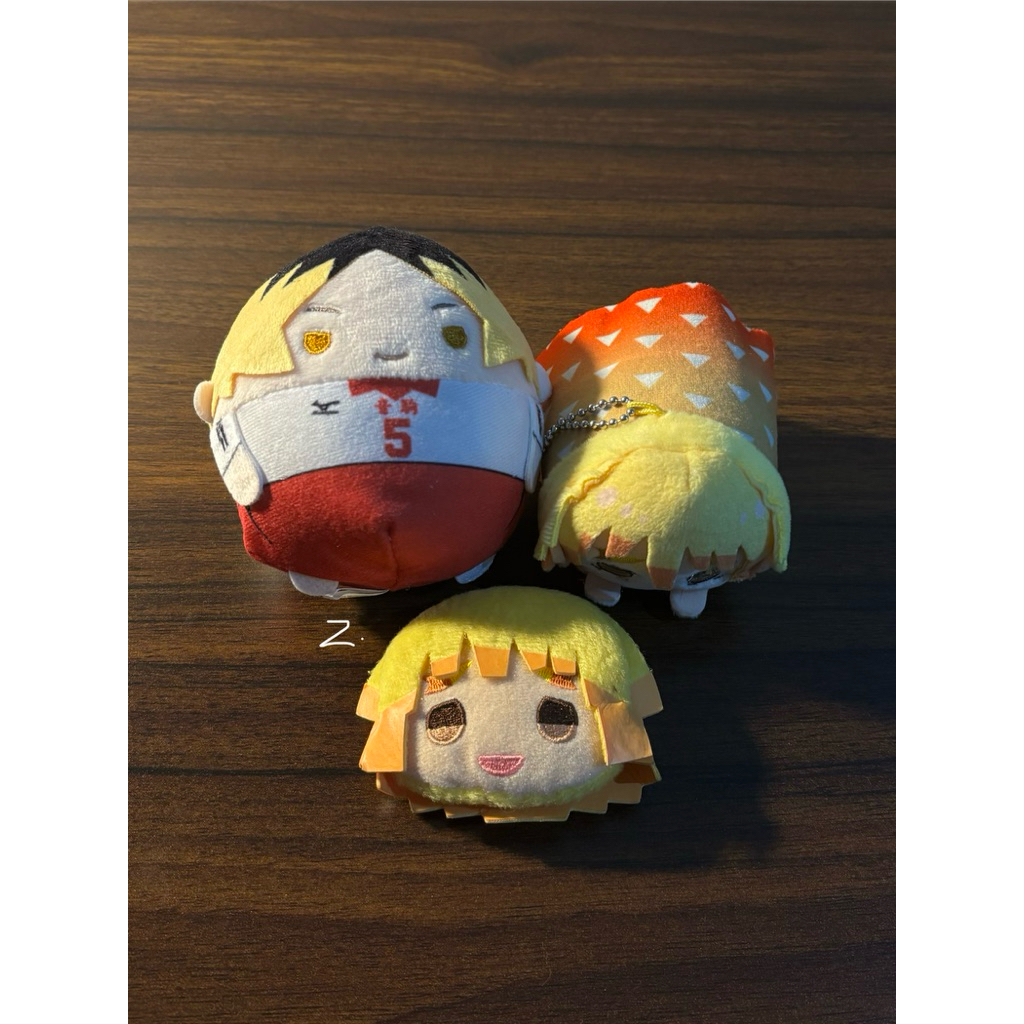 plush fuwakororin kenma, zenitsu nesoberi with chain, zenitsu omanjuu with pin