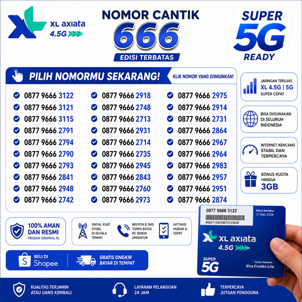 Kartu Perdana Nomor Cantik XL 4G Support 5G GRATIS Kuota 3GB