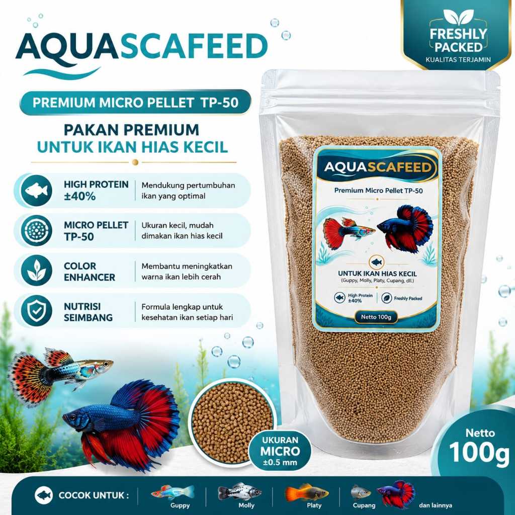Pelet Ikan Hias Kecil Premium 100g Micro Pellet TP-50 | Pakan Guppy Cupang Molly Platy | Aquascafeed