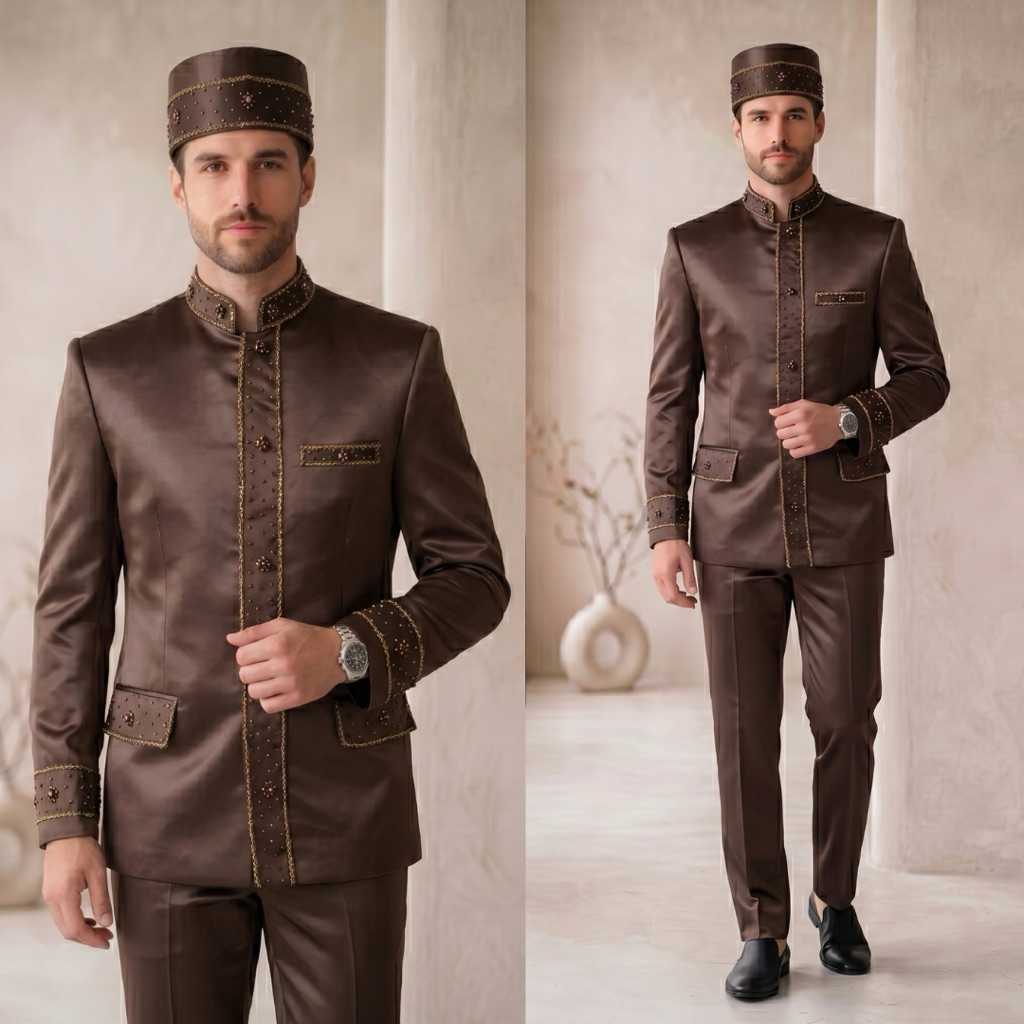 Beskap bapak pengantin mahogany | Beskap bapak besan hajat | Basofi bapak pengantin