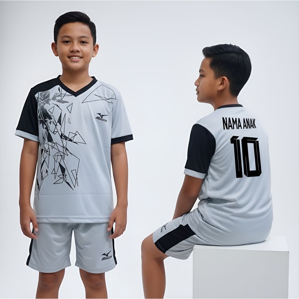 Mizuno-Setelan Jersey Volly Anak Usia 5-14 Tahun Custom Nama+Nomor, Baju Bola Anak Bahan Dry-Fit