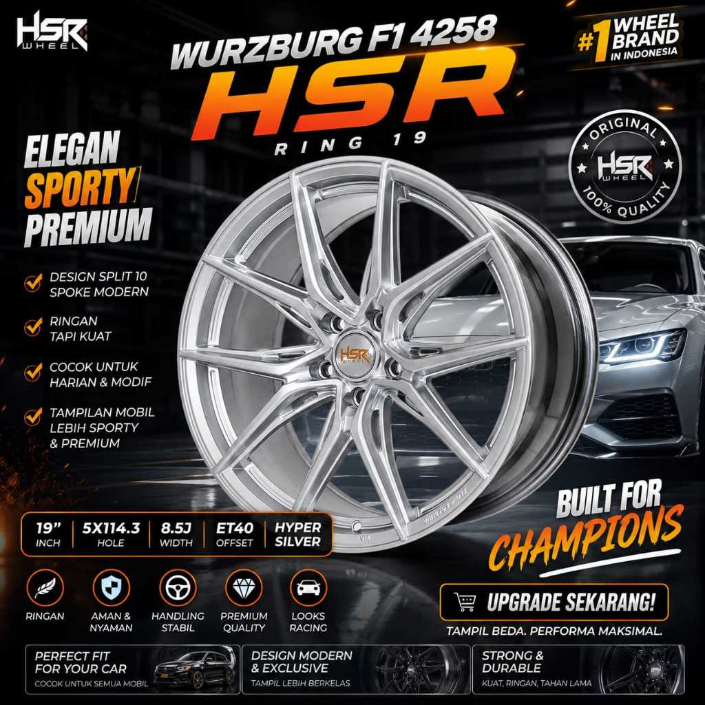 hsr wurzburg ring 19 lebar 8.5 lubang 5X114 et40 hyper silver