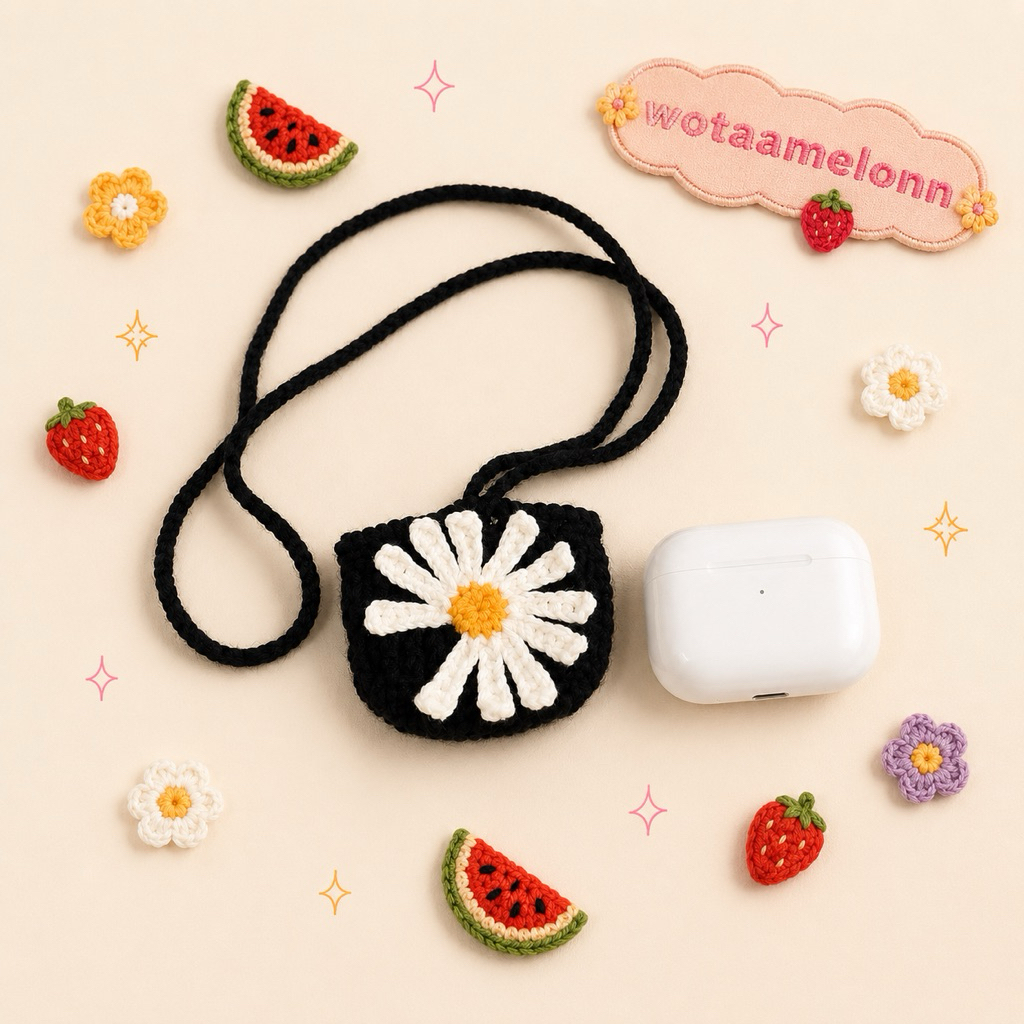 Wotaamelonn Pouch Tali Rajut Daisy Gdragon Crochet Handmade | Case AirPods Dompet Mini Kalung Leher 