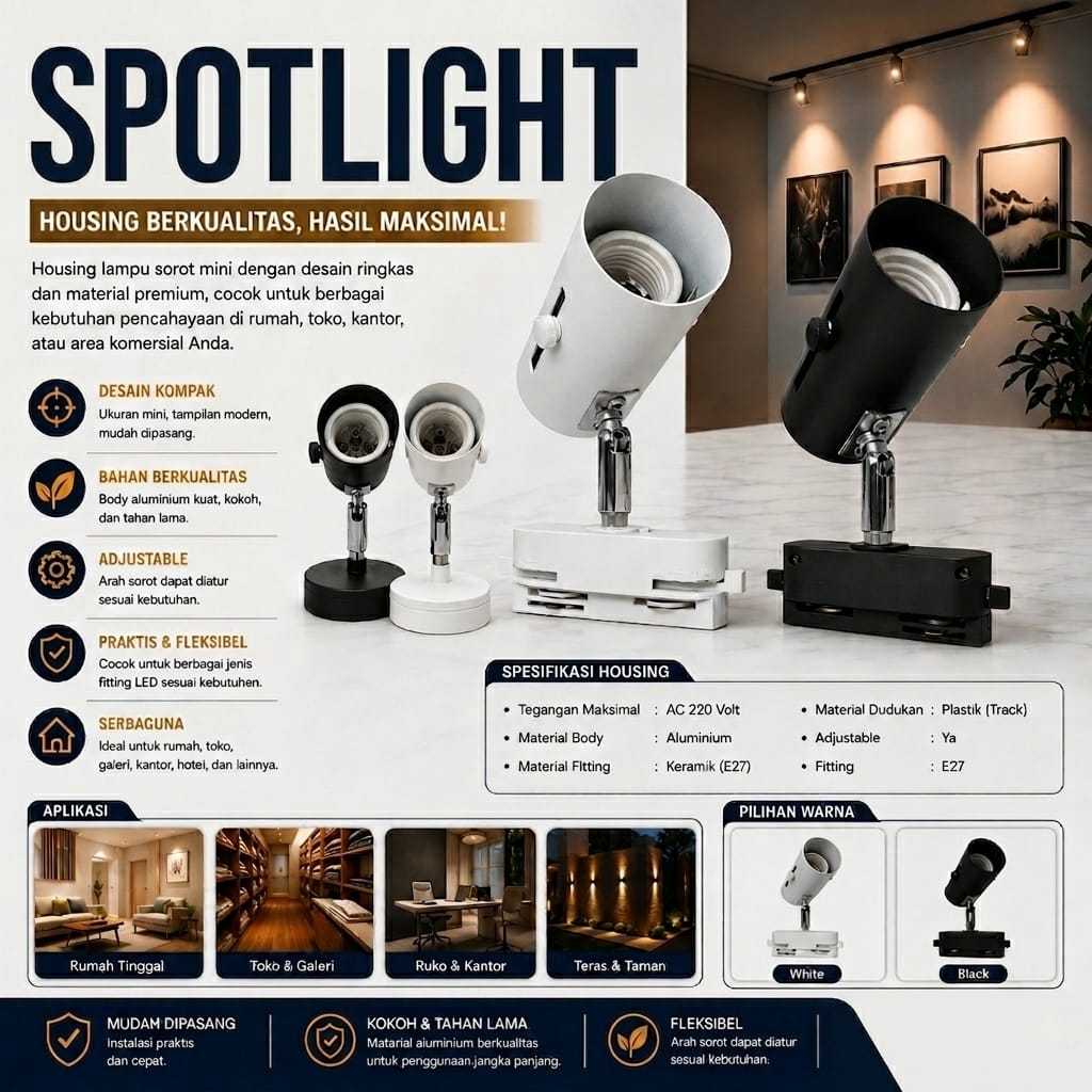 KAP LAMPU SOROT E27 HITAM DAN PUTIH 3CM. KAP SPOTLIGHT E27. KAP LED SOROT E27. SPOTLIGHT E27 3CM. LE