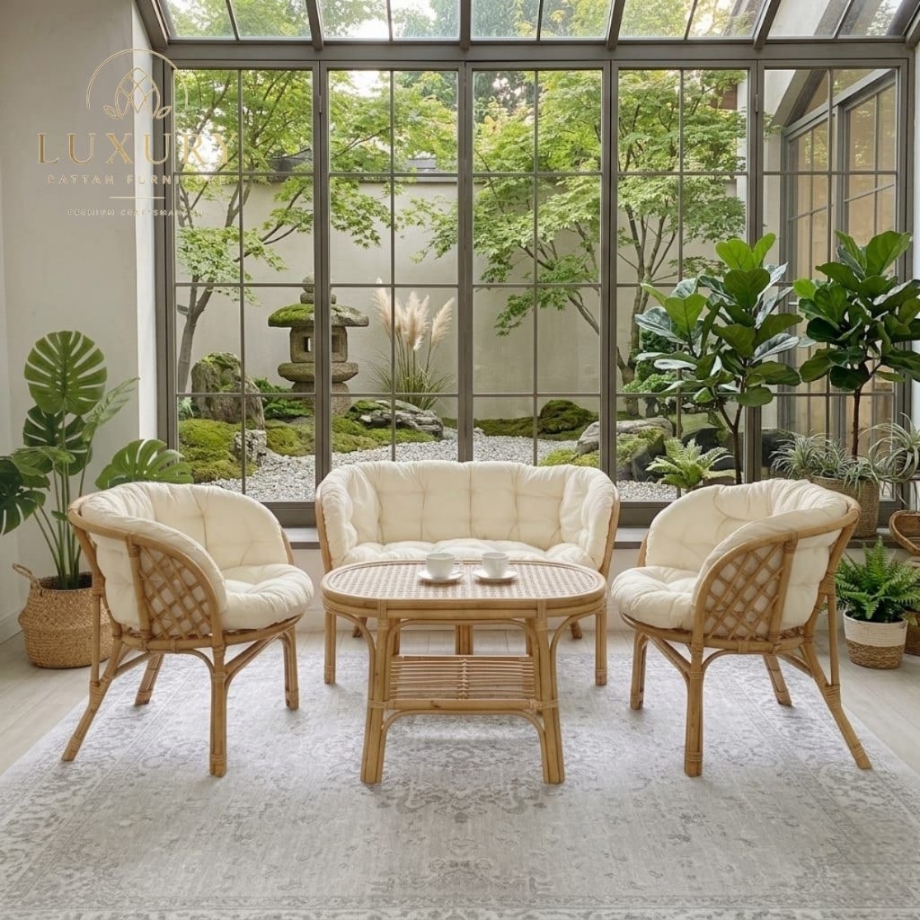 Set Kursi Sofa Bahama Meja Oval Anyaman Rotan Alami Minimalis Furniture