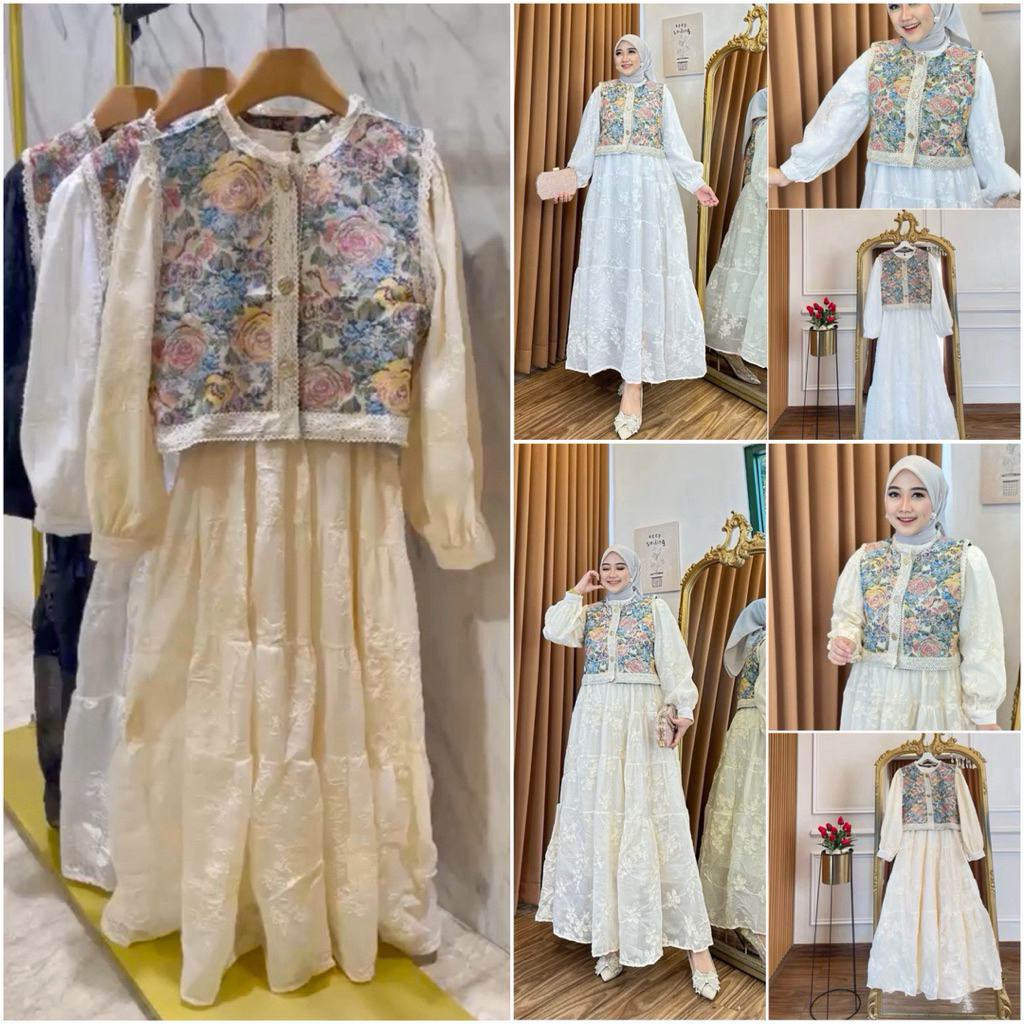 TATAOS BANGKOK DANIA SET DRESS GAMIS BUNGA BEST ROMPI TENUN BUNGA GLASS EMBROIDERY FULL FURING TAG L