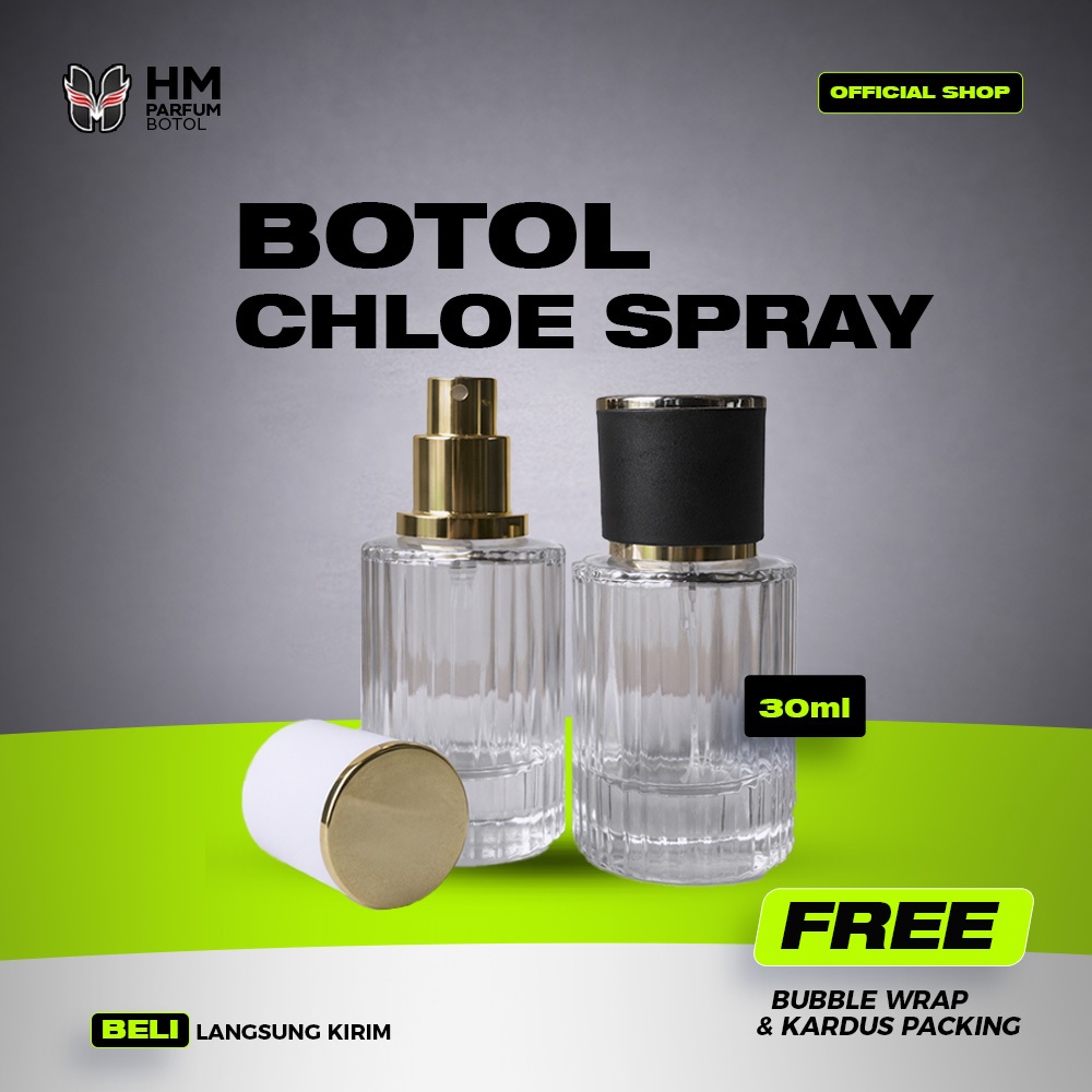 HM Parfum Botol Parfum Spray Kaca Chloe 30ml Tutup Mix Putih Hitam Elegan | Botol Parfume Refil Miny