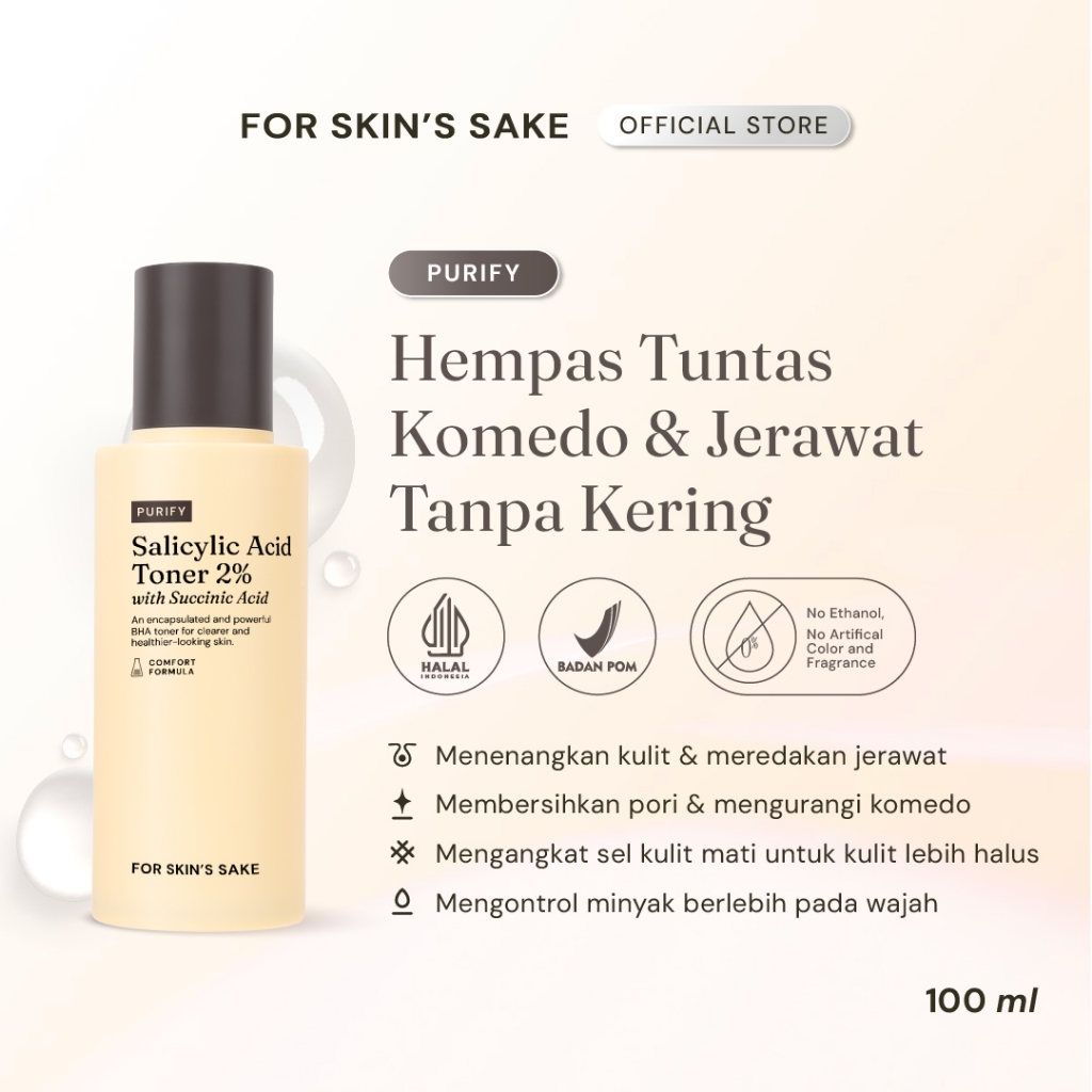 For Skin’s Sake FSS Salicylic Acid Toner 2% BHA Toner with Succinic Acid Toner Eksfoliasi Solusi Untuk Menghilangkan Komedo Membandel dan Whitehead Acne Toner Menghilangkan Bruntusan Membersihkan Pori Tersumbat Menghaluskan Tekstur Kulit
