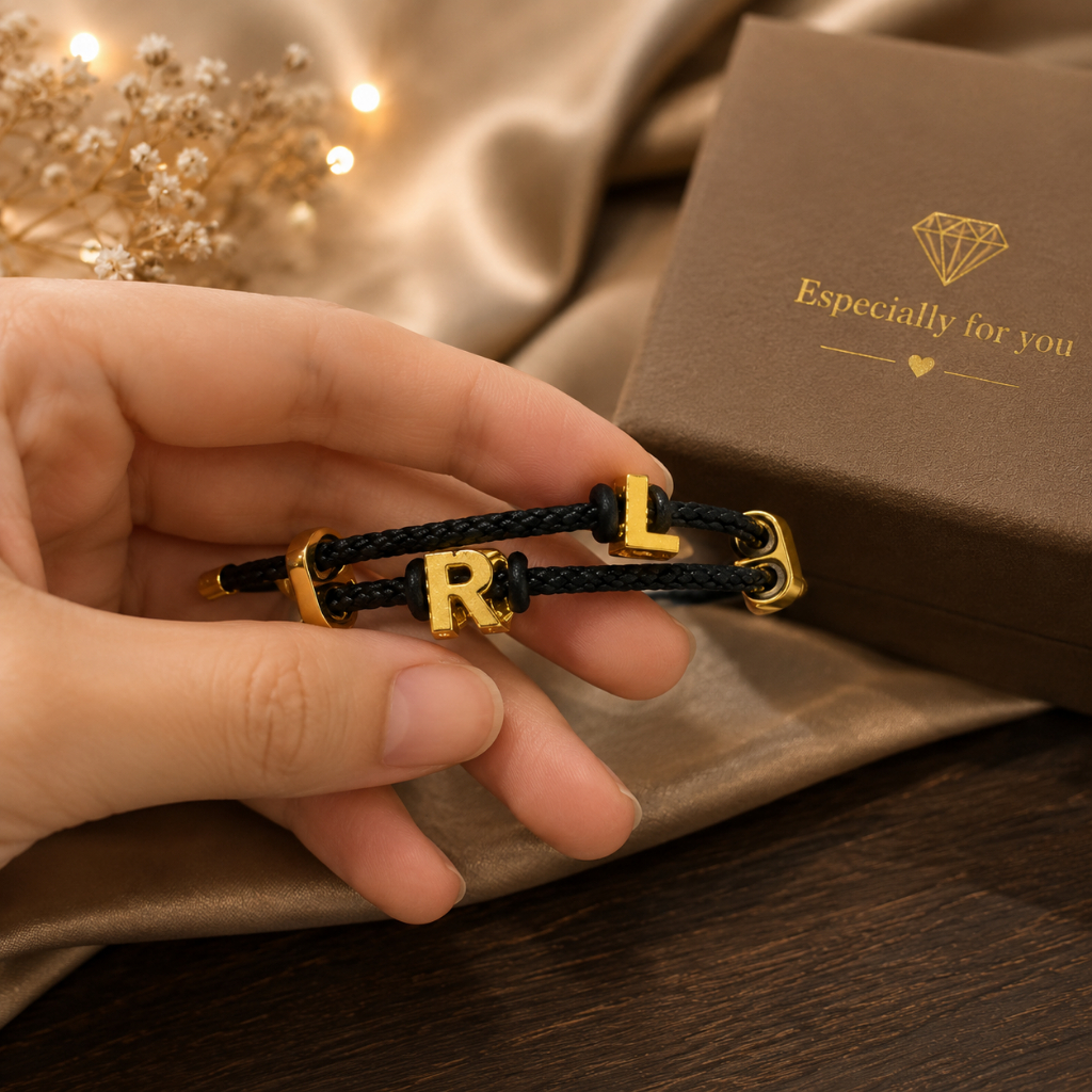 Gelang Tali Liontin Balok Inisial 2 Huruf Bisa Request Huruf Elegant Emas Asli
