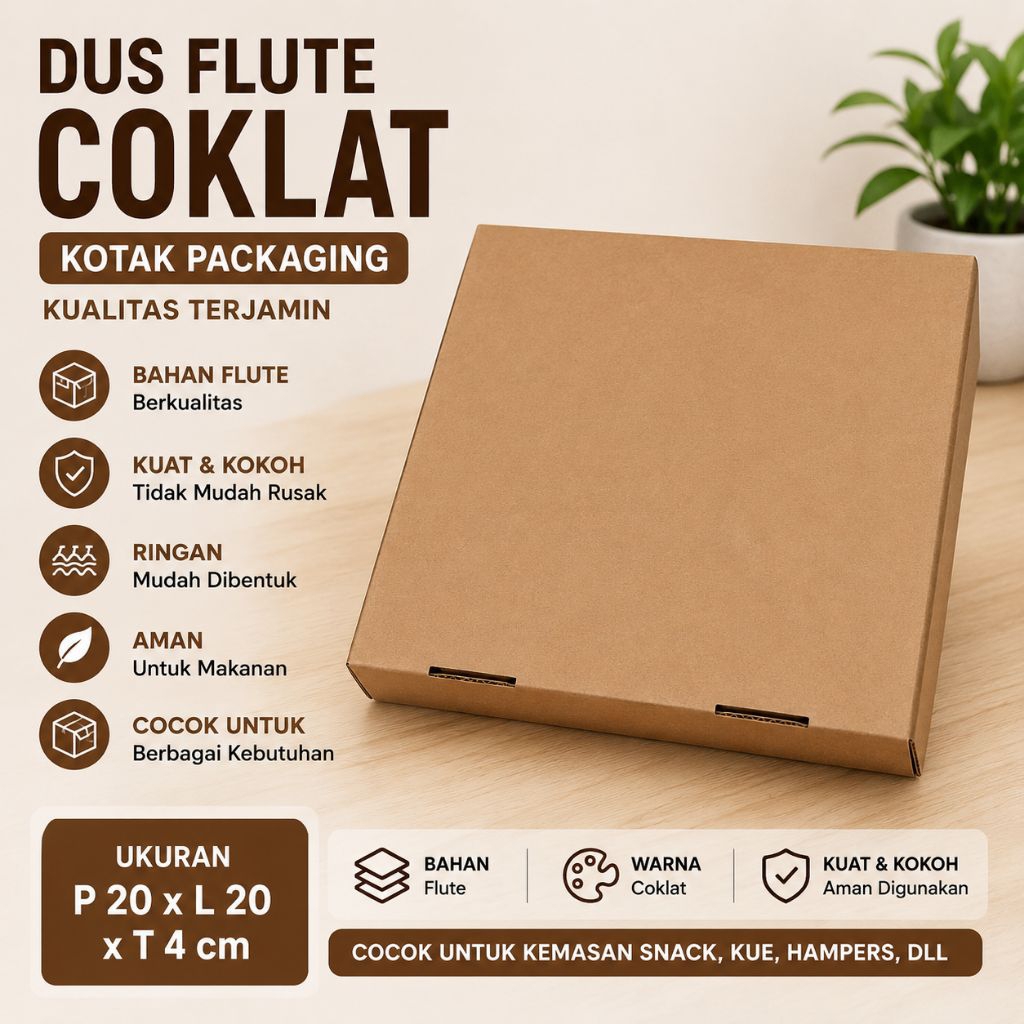 Dus Flute Coklat 20x20x4 cm Box Packaging Snack Kue Hampers Packing Makanan Kokoh