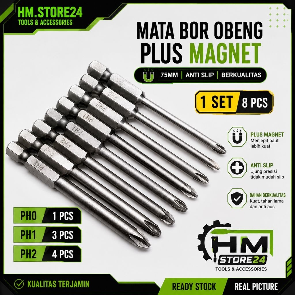 Mata bor Obeng plus Magnet Magnetic 75mm 8pcs PH1 PH2 Anti Slip Berkualitas