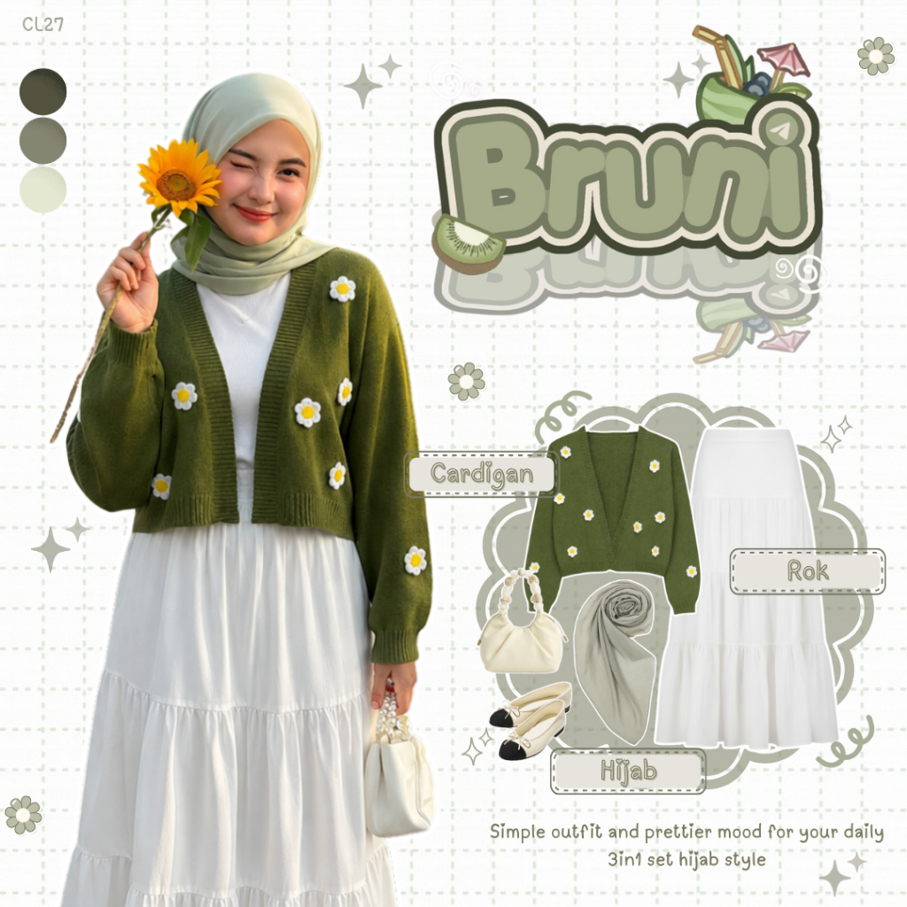 One Set 3in1 Remaja Kekinian - Hijab - Rok - Cardigan - Set Korean Style OOTD Remaja Hangout - CL27