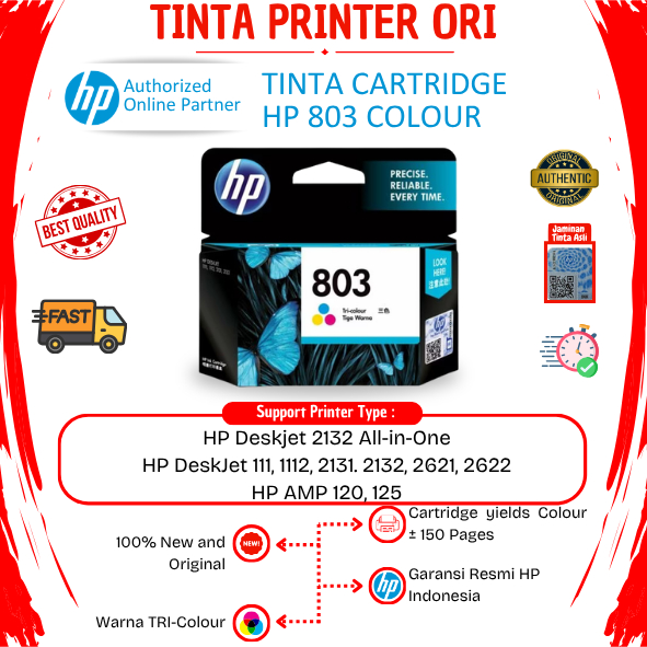 HP 803 Colour Economy Original Resmi For Printer Cartridge Tinta Printer 1112 2132 2621 2622