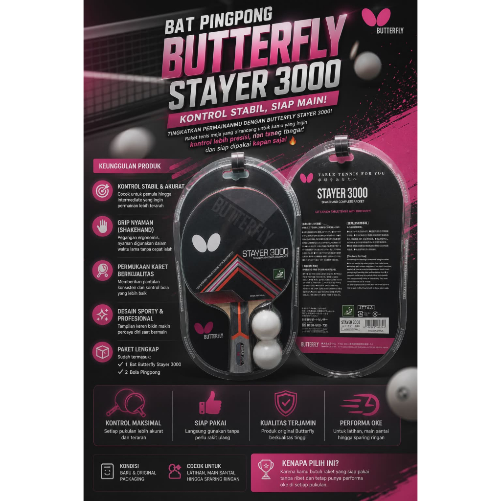 Bat Pingpong Tenis Meja Butterfly Stayer 3000 - Bad racket pingpong original - Bet Tenis Meja Butter