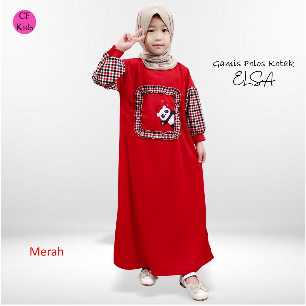 CF Kids Gamis Anak Polos Panda Ruffle Frame Elsa – Dress Muslim Anak Lengan Kotak-Kotak