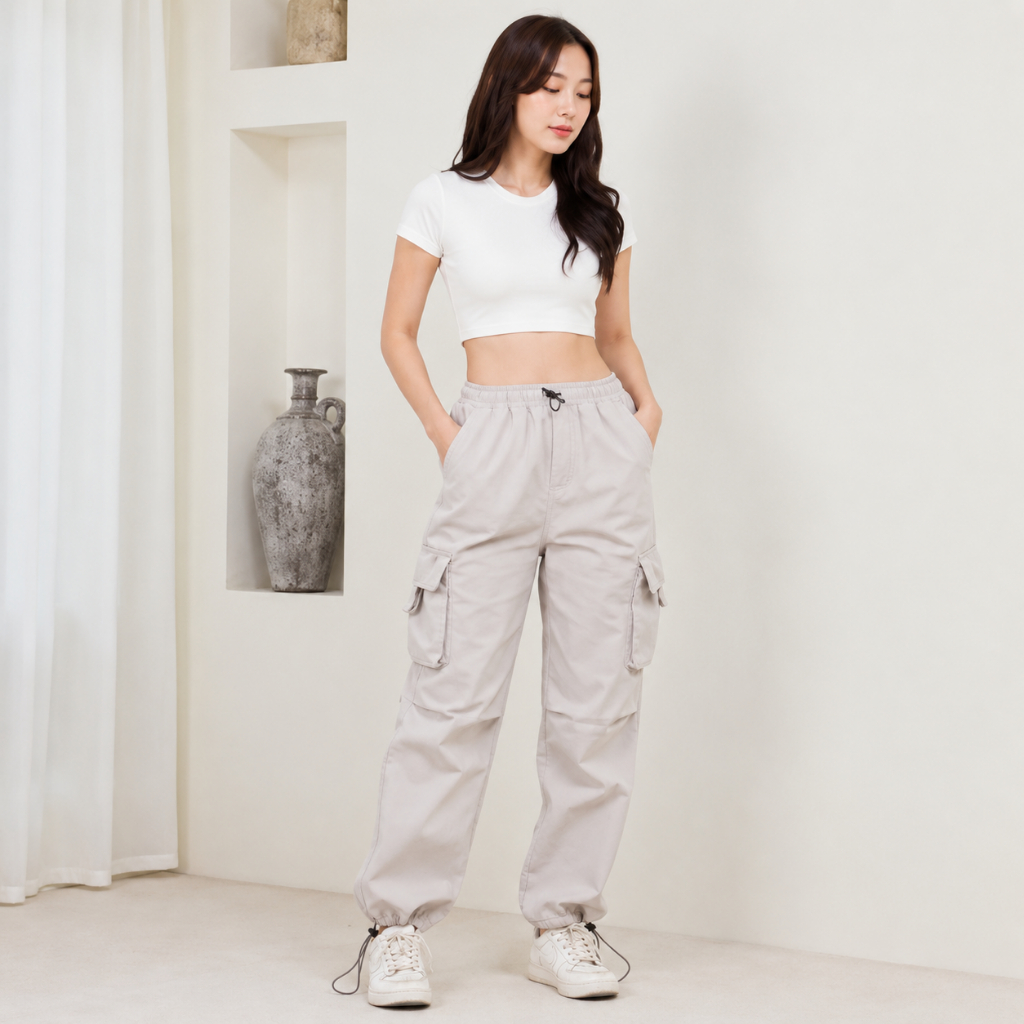 Celana Cargo Wanita - Celana Highwaist Wanita - Celana Kargo Serut Wanita