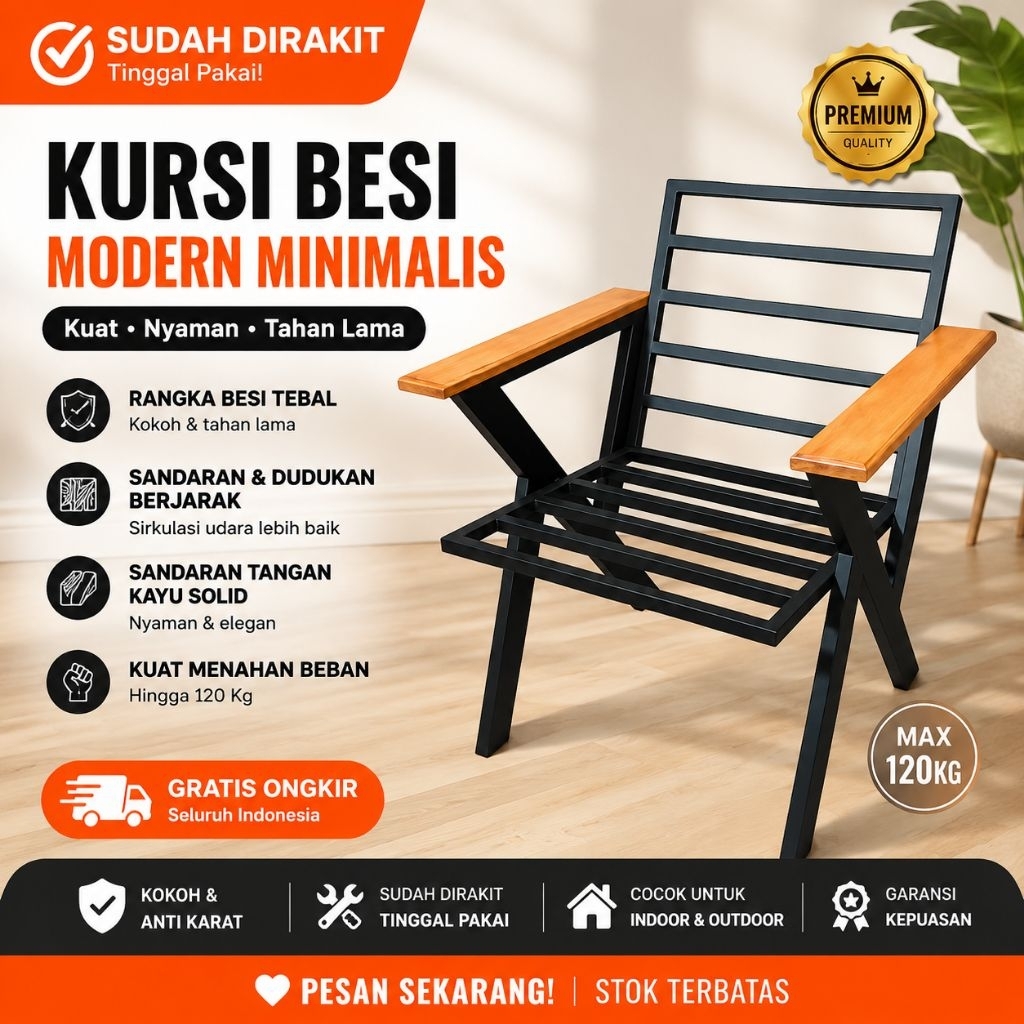 Kursi Santai / Kursi teras Industrial Besi Hollow Minimalis Kombinasi Kayu