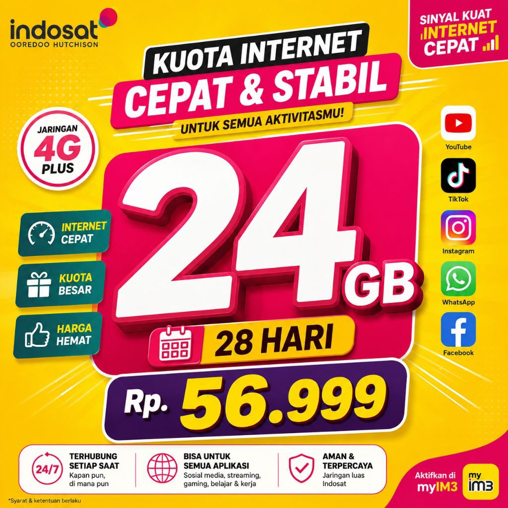 Kuota Internet Indosat 24GB 28 Hari Murah Full 24 Jam IM3 Data Paket Hemat