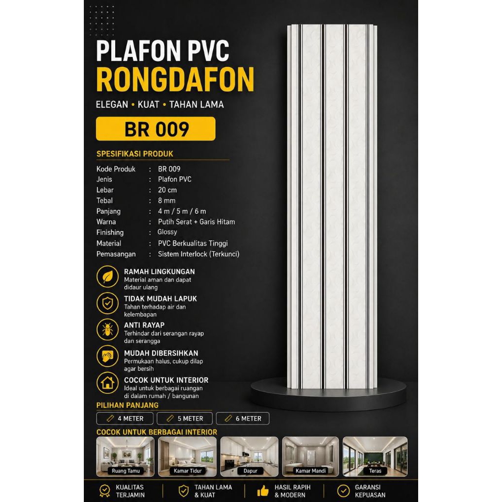 PROMO 1 DUS isi 15 Lembar Plafon PVC Motif Putih Garis-Garis Hitam Glossy Rongda BR009