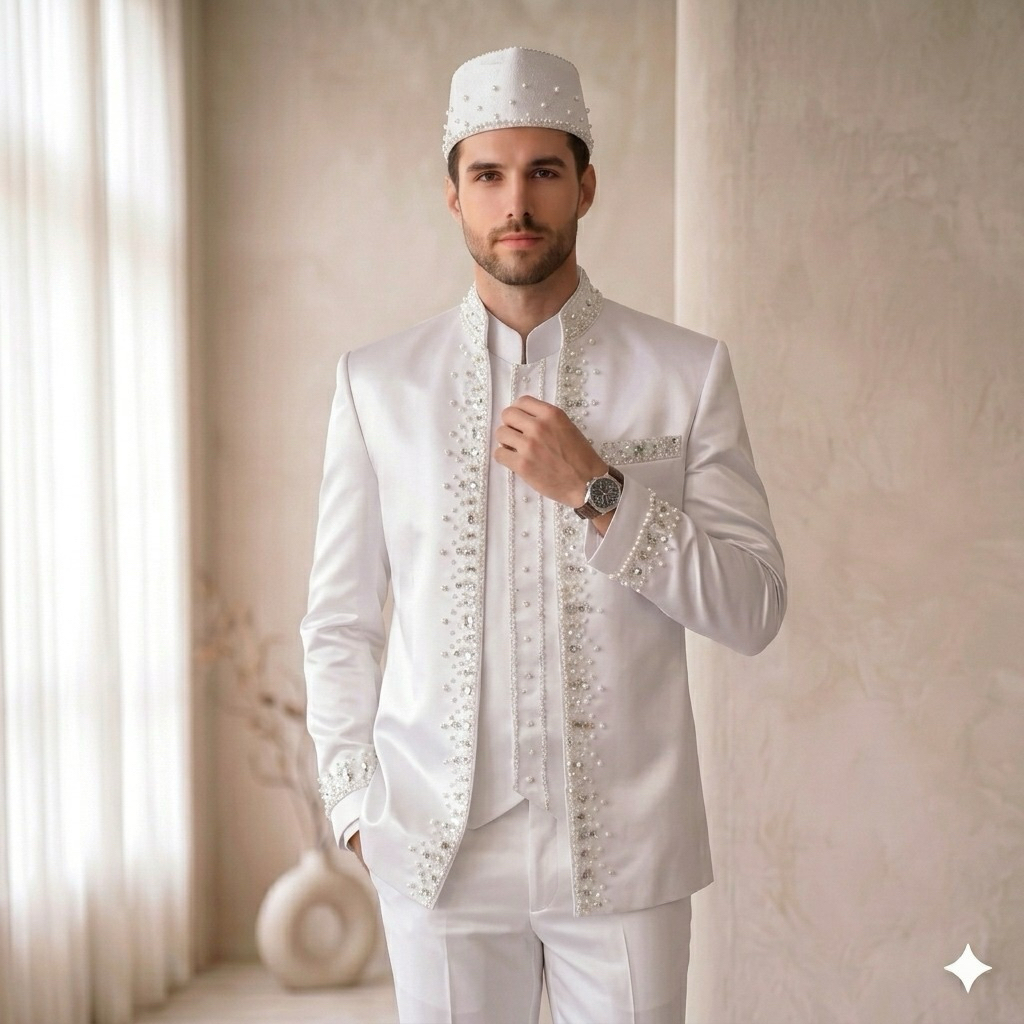 Beskap akad pengantin pria putih premium | Basofi beskap pria akad pengantin modern