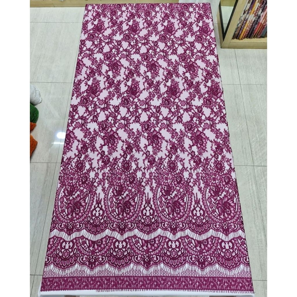 Bakal Kain Bahan Kebaya Brokat Semi Prancis 3D Cotton Metalik Warna Burgundy