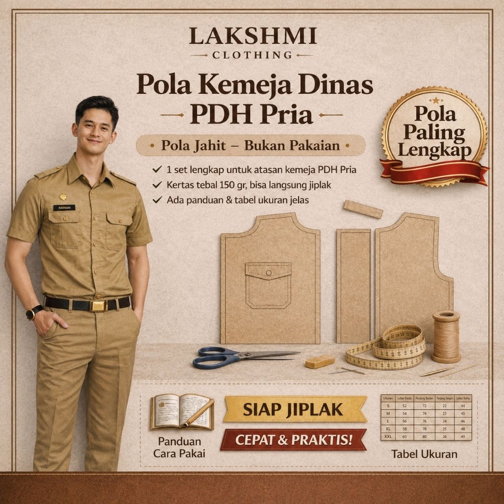 Pola Jahit Kemeja Dinas PDH Pria Lengan Pendek S M L XL XXL